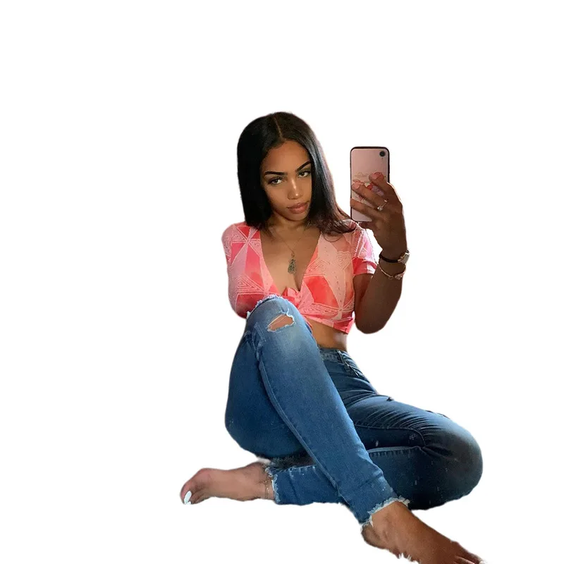 

2021 Summer Newest Fashion Sexy Tops For Women V-neck Cut Off T-shirts Short Sleeves With Belt Red Color Woman Tops Fashionable