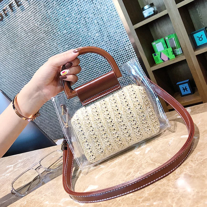 

2020 wholesale Korean new transparent summer straw women's tote bag fashion portable diagonal lady cross body small bag