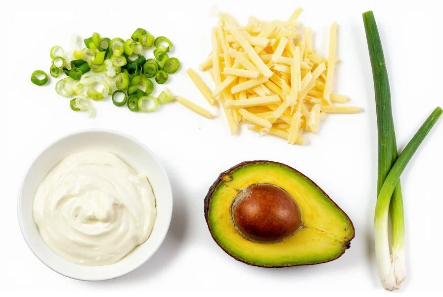 Perfect chili toppings arrangement with sour cream, cheese, green onions, and avocado on white background