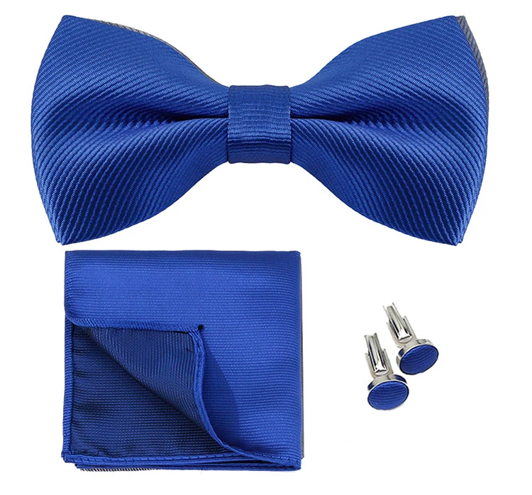 Royal Blue BowTie Men's Formal Tie Bow Pocket Square Cufflinks Gift Set Solid Color Bow Tie Hanky Set Business Wedding Bow Tie