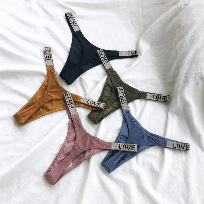 

Dropshipping Sexy Bling Diamond Underwear Custom Letter Logo Rhinestone Low Waist Pink Bikini Panties Designer Thong