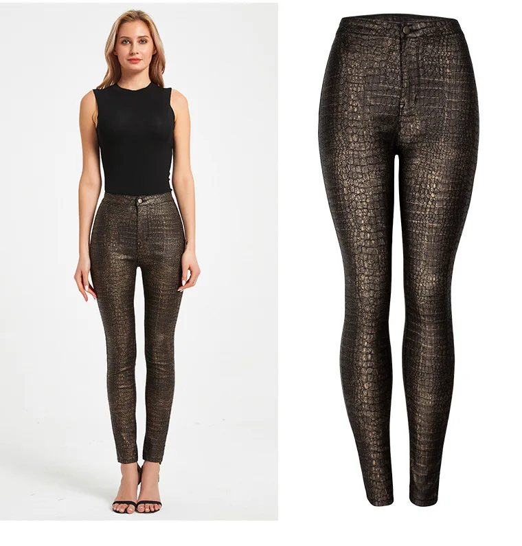 

fall fashion 2021 alligator skinny leather trouser pants women with pockets, Picture
