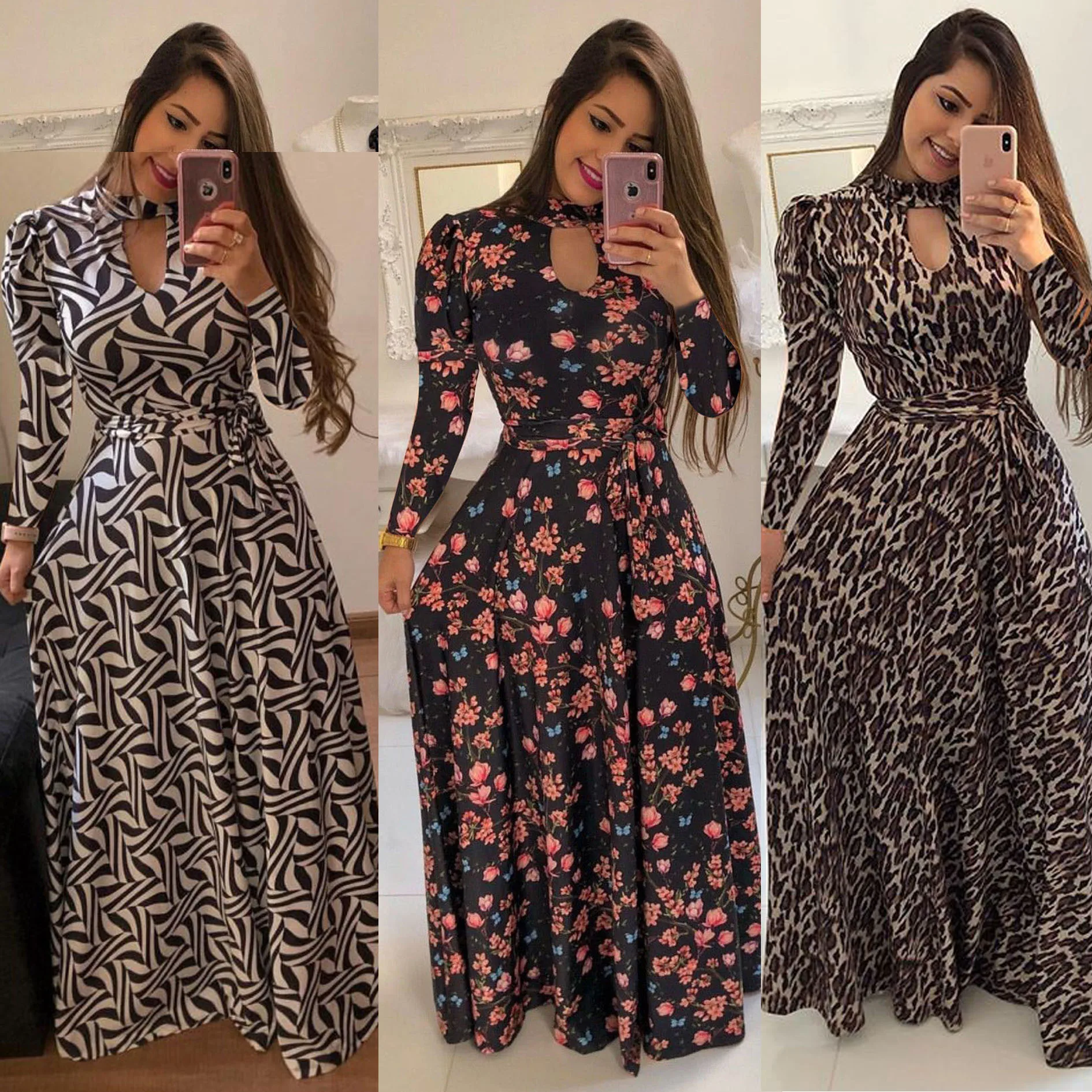 

Wholesale 2021 fashion sexy ladies long sleeve O-neck flora print Women maxi Dresses (C1002-4), Picture