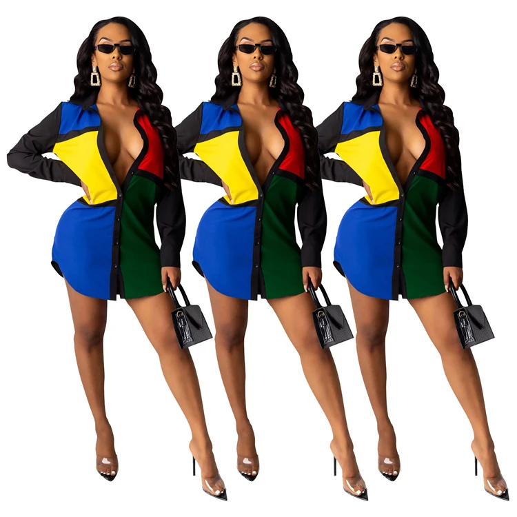 A91131  Wholesale 2019 four colors patchwork casual dresses lady shirt shirt dress shirt t-shirt dress