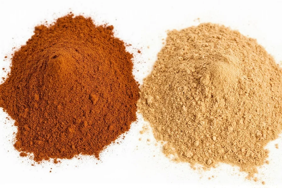 Side-by-side comparison of Ceylon cinnamon powder and Cassia cinnamon powder showing the lighter color of Ceylon variety