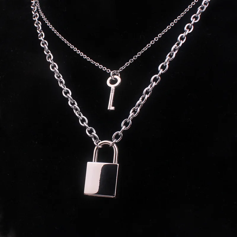 

Hip Hops Delicate Stainless Steel Double Chain Link PadLock Necklace Women Men Key Lock Pendant Necklace, Silver