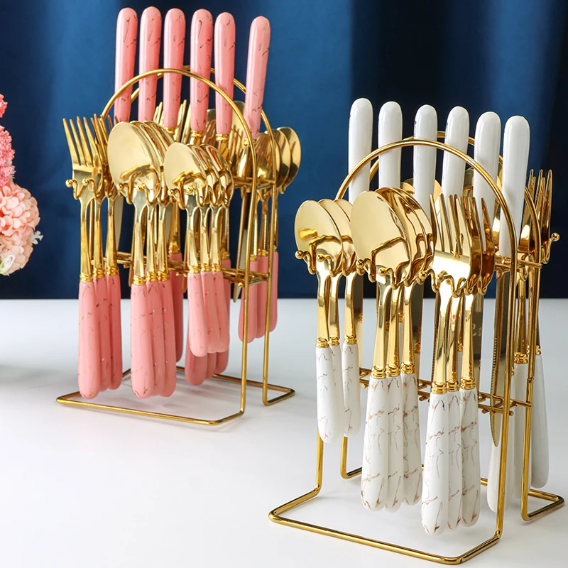 

2022 Marble ceramic handle 24 pcs Flatware Knife Fork Spoon Matte Gold hanging Stainless Steel Cutlery