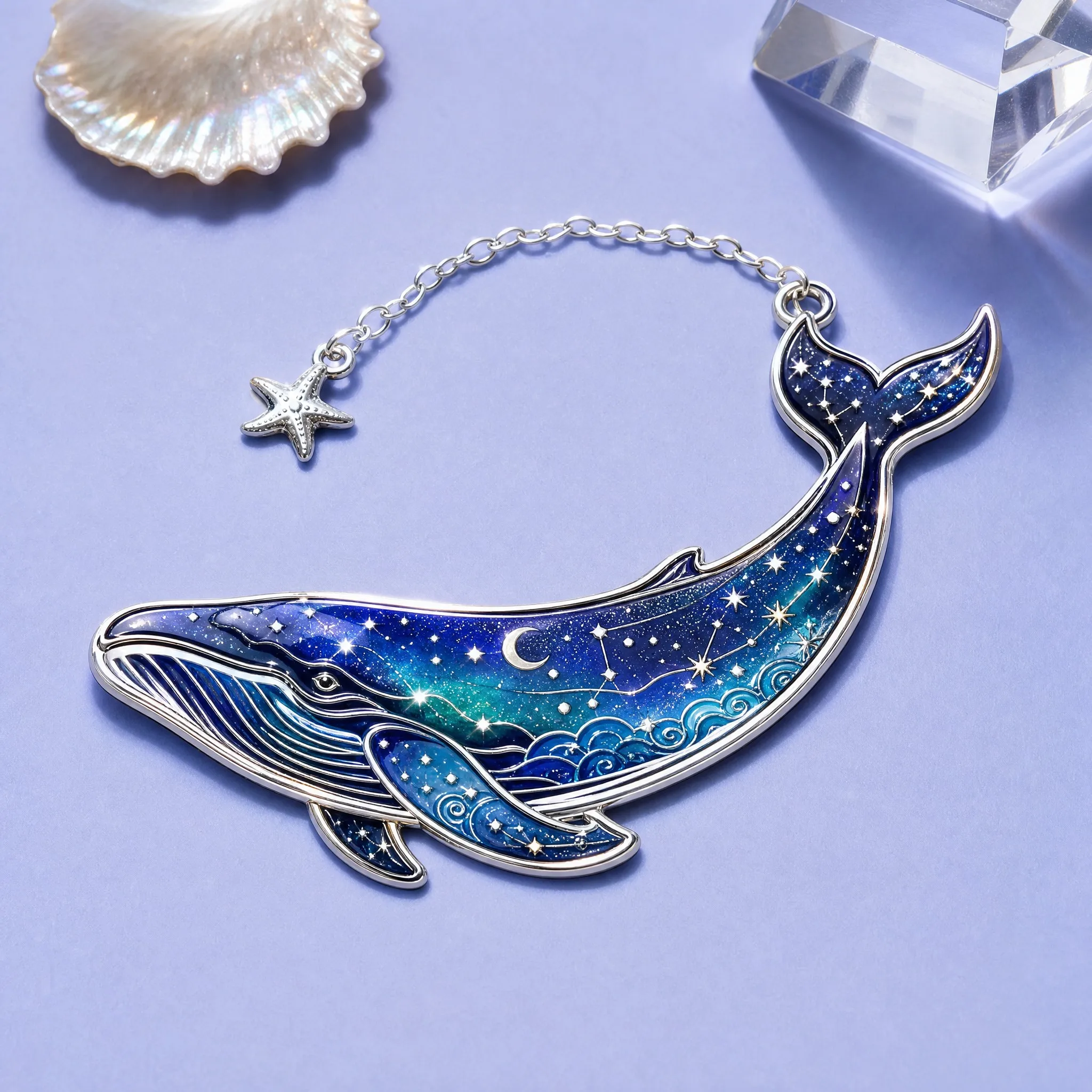 Custom Curved Contour Silver Enamel Whale Bookmark with Starfish Charm