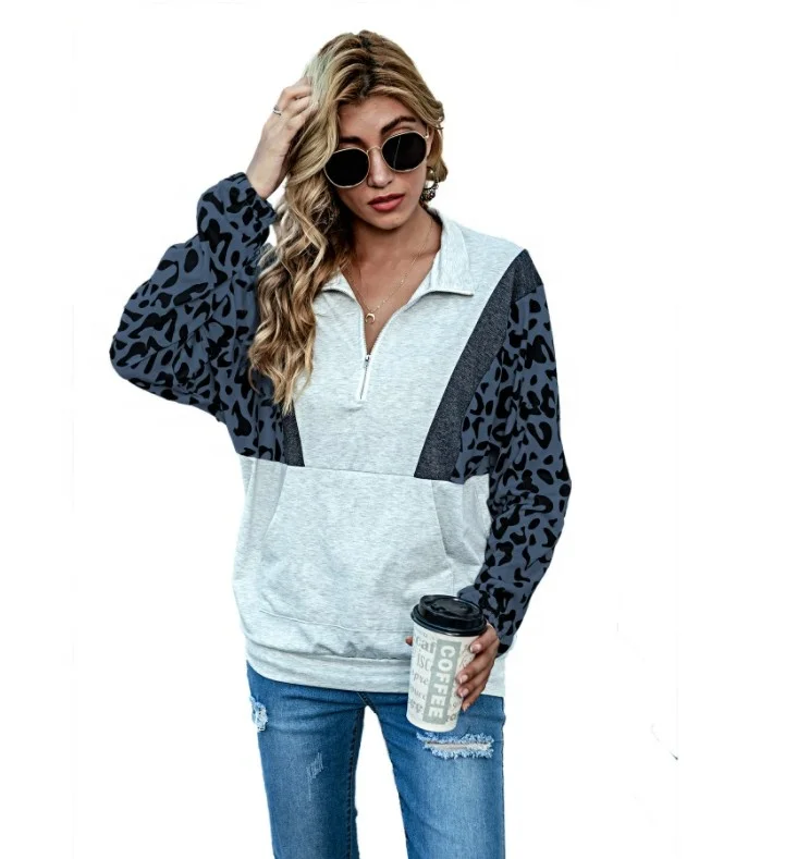 

Fashionable Wholesale Womens Fall Paneled Leopard Print Half-zip Stand-collar Stitching Pullover Sweatshirt, Pecture