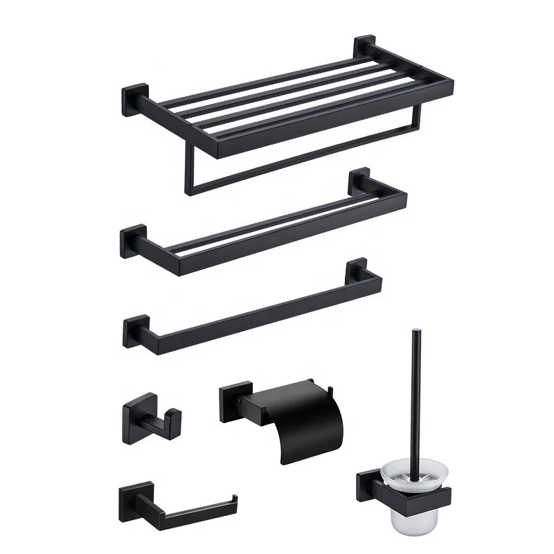 

7 Pieces Black Bathroom Accessories Set Wall Mounted Bathroom Hardware Set Stainless Steel Towel Bar