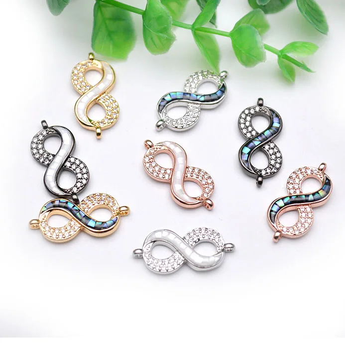 

CZ Zircon Paved Infinity Shape Abalone Shell Bracelet Charms Necklace Connecters Jewelry Findings, Pic