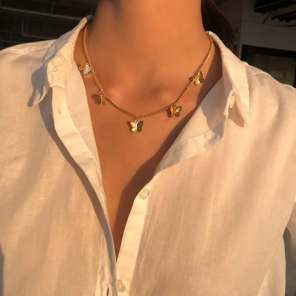 

2020 Fashion Female Chocker Bohemian Cute Butterfly Choker Necklace Gold Silver Color Clavicle Chain Butterfly Necklace