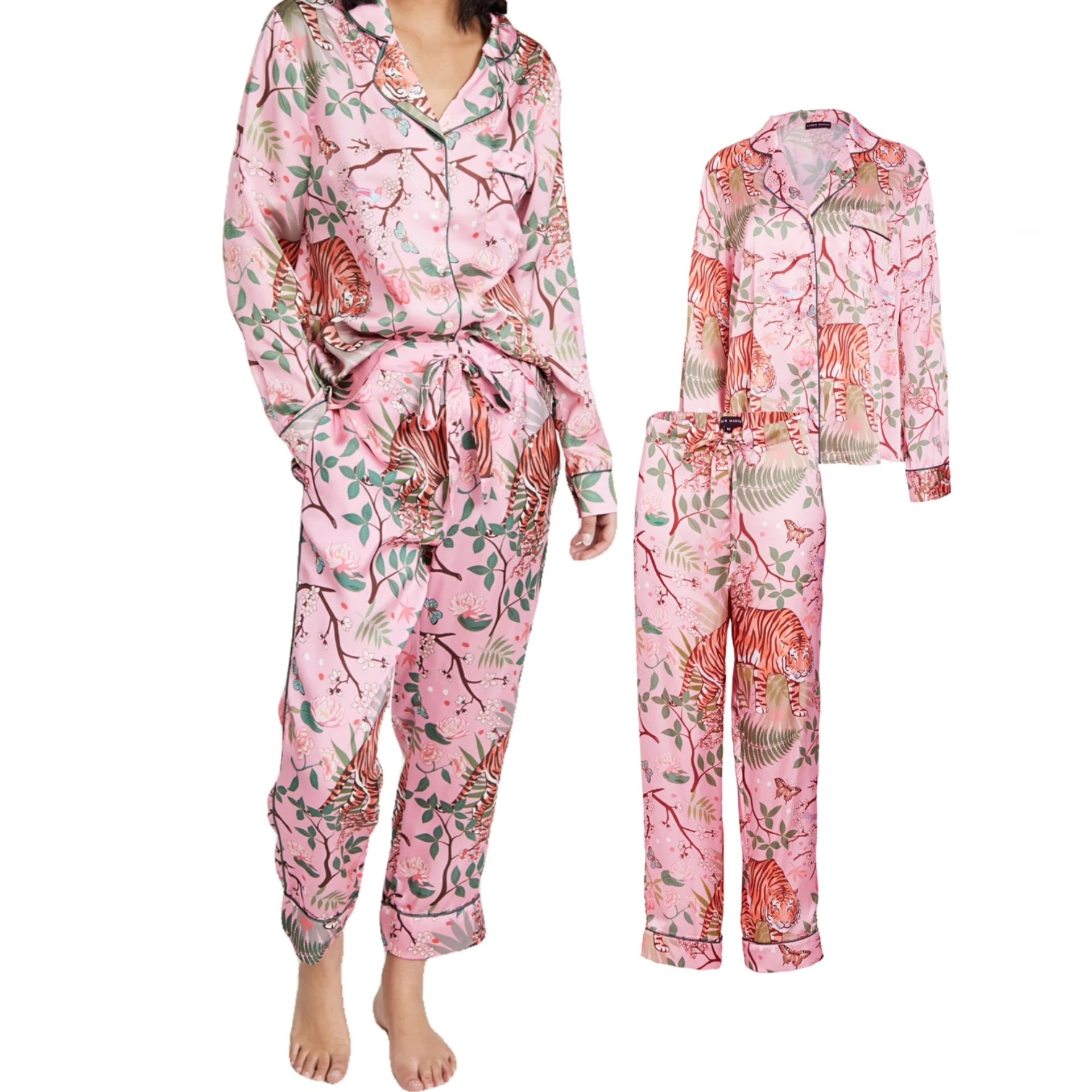 

Designer Luxury Two Piece Sleepwear Tiger Blossom Women's Long Sleeve Printed Satin Pajama Set PJs Pajamas