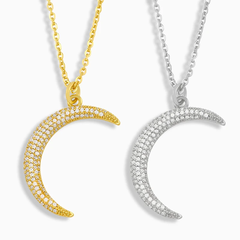 

Hot Selling 18K Gold Plated Moon Pendant with White Zircon Necklace Jewelry, 18k gold plated jewelry
