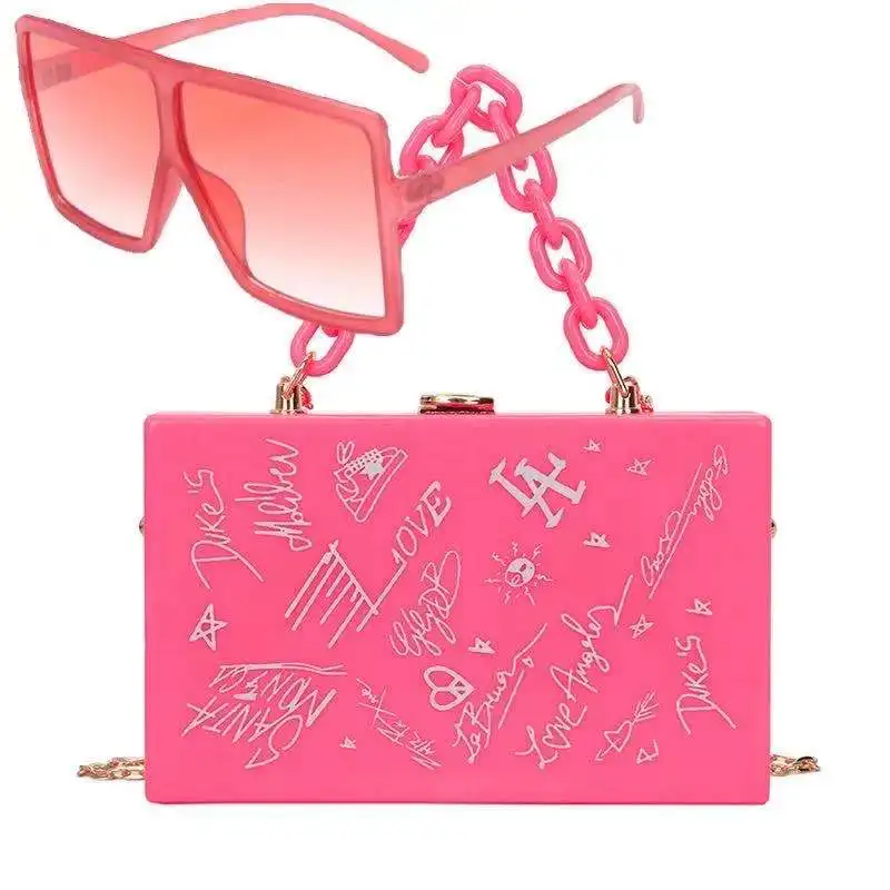 

New Trendy big la handbag matching set purse,women La shades sunglasses and purse set 2021,acrylic purse and glasses set, White,black,purple,red,pink