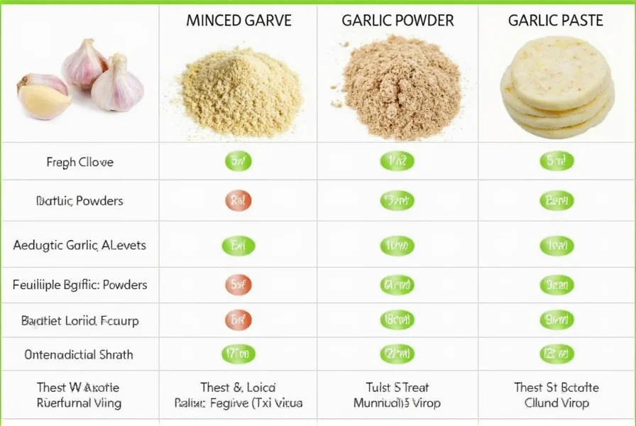 Comparison chart showing fresh garlic cloves, minced garlic, garlic powder, and garlic paste with equivalent measurements