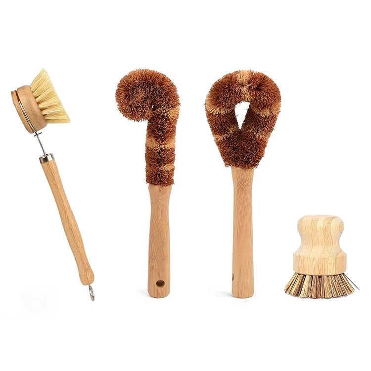 

Private Label New Sunstainable Coconut Sisal Bristles Wood Bamboo Kitchen Scrub Cleaning Palm Pot Pan Hand Dish Wash Brush Set
