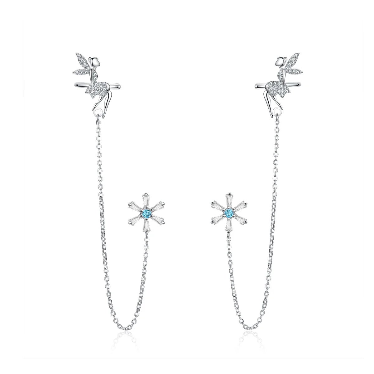 

BAMOER Fairy Elf Long Chain Clip and Stud Earrings for Women Genuine 925 Sterling Silver Girl Gifts Design Fine Jewelry BSE201