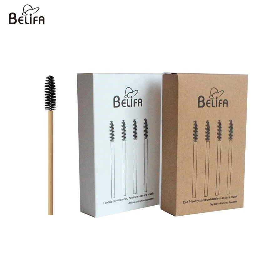Belifa private label eco friendly dispos bamboo handle cleanser lash brush mascara wand spoolie brush with paper box