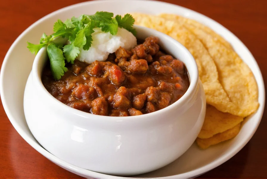 Traditional New Mexican plating of pork green chili in white ceramic bowl with side of warm tortillas and fresh cilantro garnish