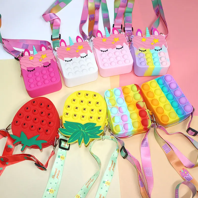 

2021 Push Bubbles 3D Rainbow Unicorn Crossbody Shoulder Storage Kids Pop Fidget Bag Coin Card Cosmetics Purses Handbags