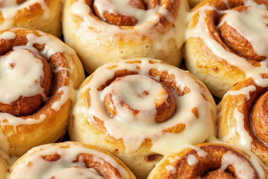 Freshly baked sourdough discard cinnamon rolls with cream cheese icing drizzled on top, golden brown and perfectly swirled
