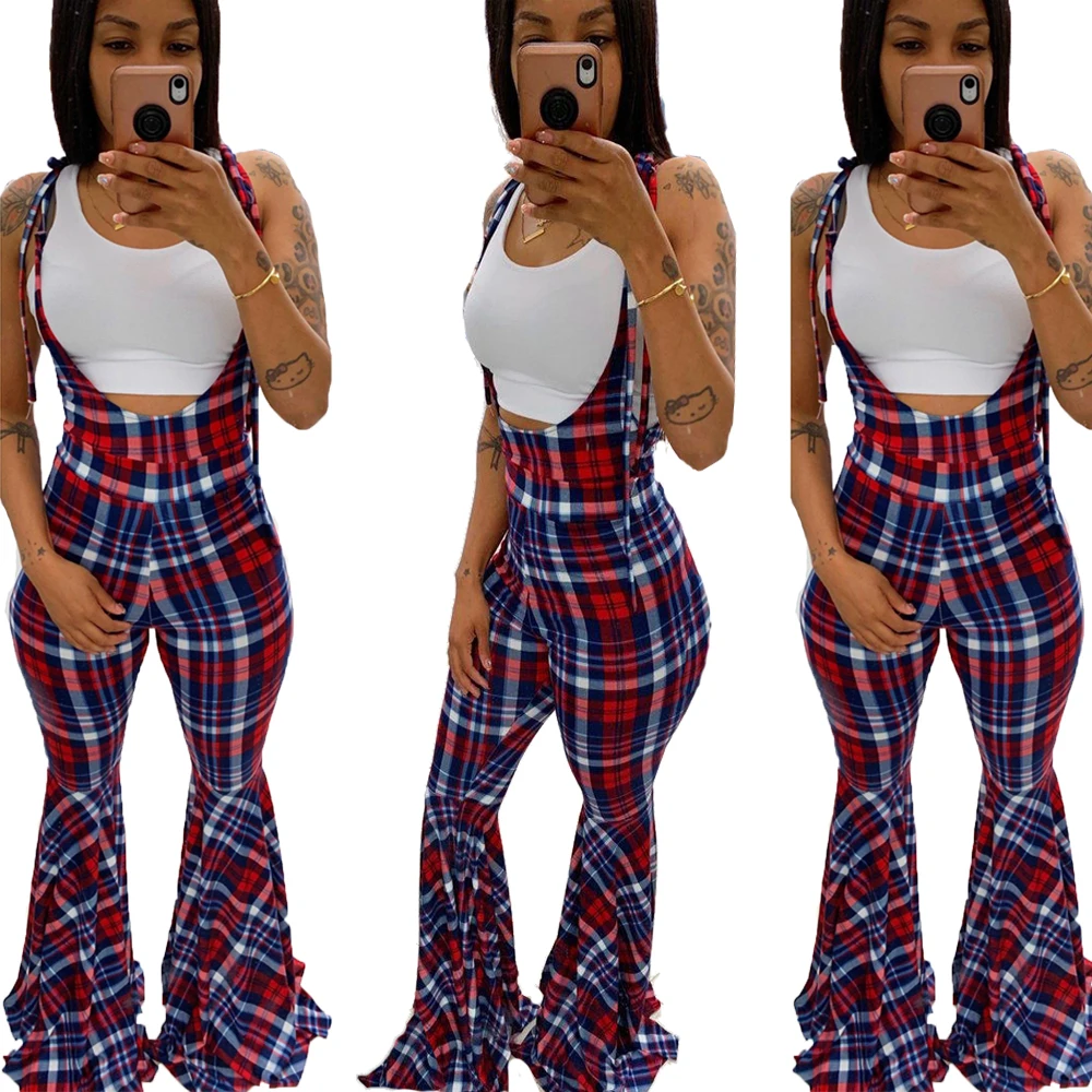 BA9198 ladies beautiful sleeveless plaid bodycon flare jumpsuit