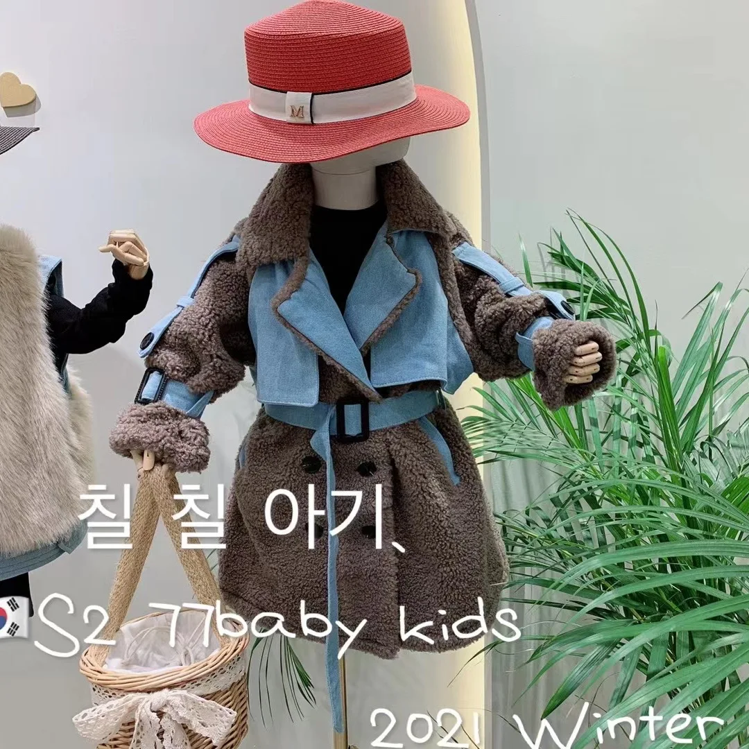 

112A99 winter kids clothes little baby girls fur coats denim jacket outerwear outfit korean fashion children clothes wholesale
