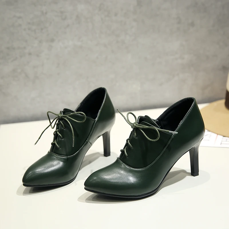 

New Fashion Pointed Toe Lace-up Stilettos Women's Shoes, Ecru,red,black,dark green