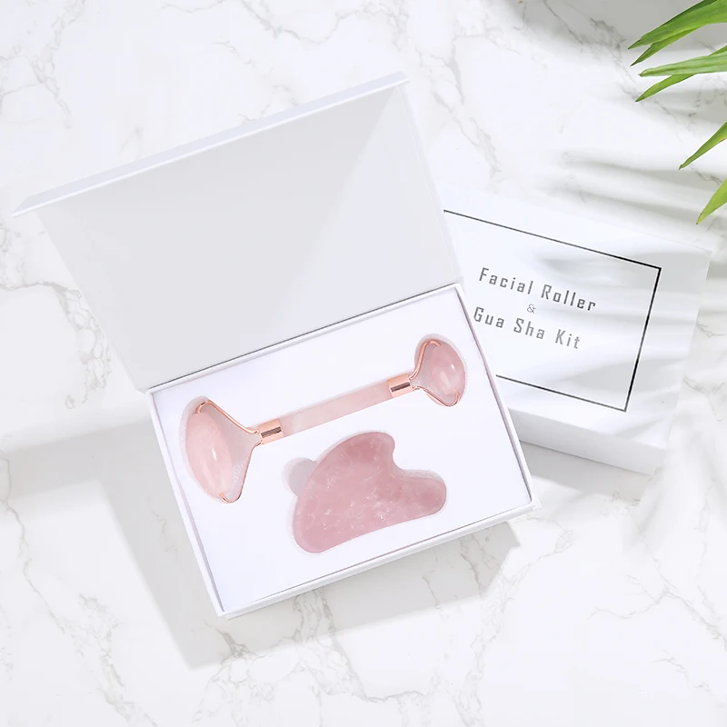 

Wholesale Private Label Rose Quartz Facial Jade Roller Stone And Gua Sha Set Massage With Logo For Face, Pink