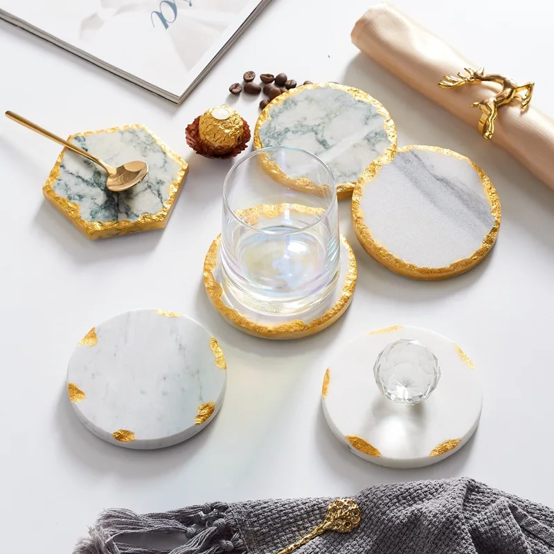 

Luxury coffee cup natural marble coaster with gold edges