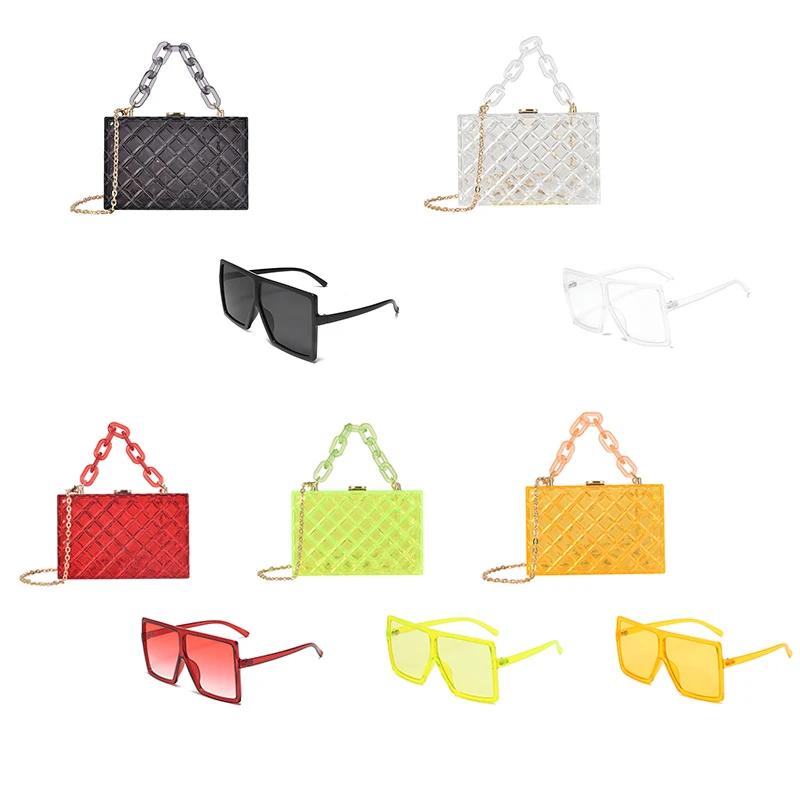 

2021 Purse With Sunglasses Clear Bags Women Jelly Handbags Women Clutch Luxury Acrylic Purse And Sunglasses Set, 6 colors