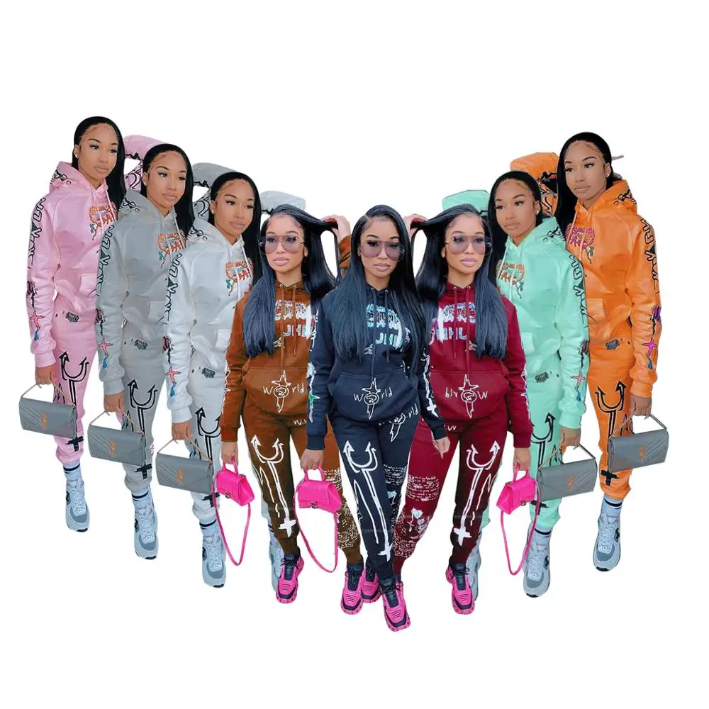 

MD-20122327 Winter New Fleece Hoodies Floral Printed Sweatshirts Jogger Customized For Women Fall Streetwear Hoodie 2 Piece Set