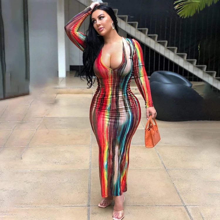 

Sexy Women Spring Fall Fashion 2021 Tie Dye Plus Size Deep V Neck Long Sleeve Maxi Dress, Red