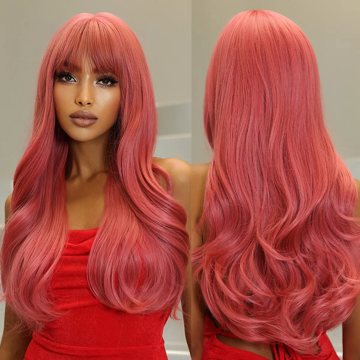Factory Wholesale Price Red Pink Wigs Long Natural Cosplay Synthetic Wavy Hairs With Bangs Heat Resistant Wave False Wig