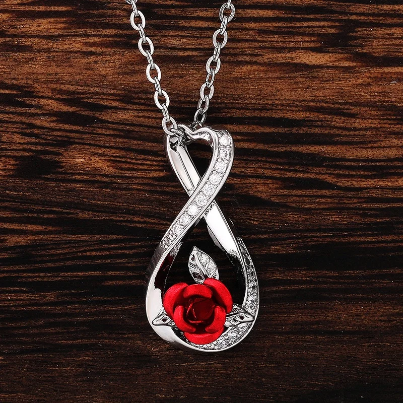 

Cute Gold/Silver Plated Twine Figure 8 Rose Flower Pendant Necklaces For Women Inlay Fashion Jewelry Wedding Party Gift, Picture shows