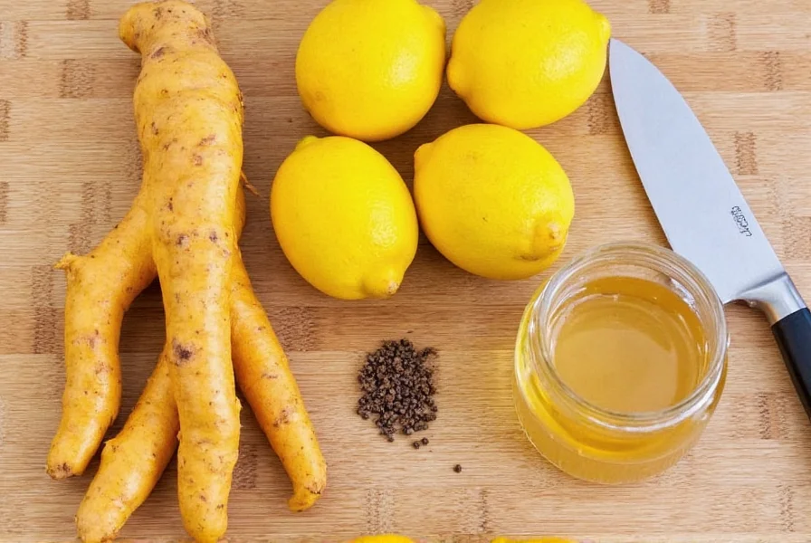 Fresh turmeric root, lemons, honey, and black pepper arranged on wooden cutting board for making turmeric lemonade