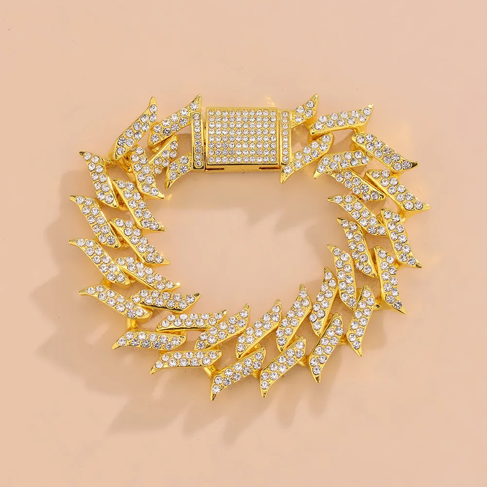 

21 mm hip hop Cuban Charm Jewelry Bracelet Men's Rhinestones Miami Leaves Hand Chain Link Cuban Gold Fashion Necklace, Silver / gold color