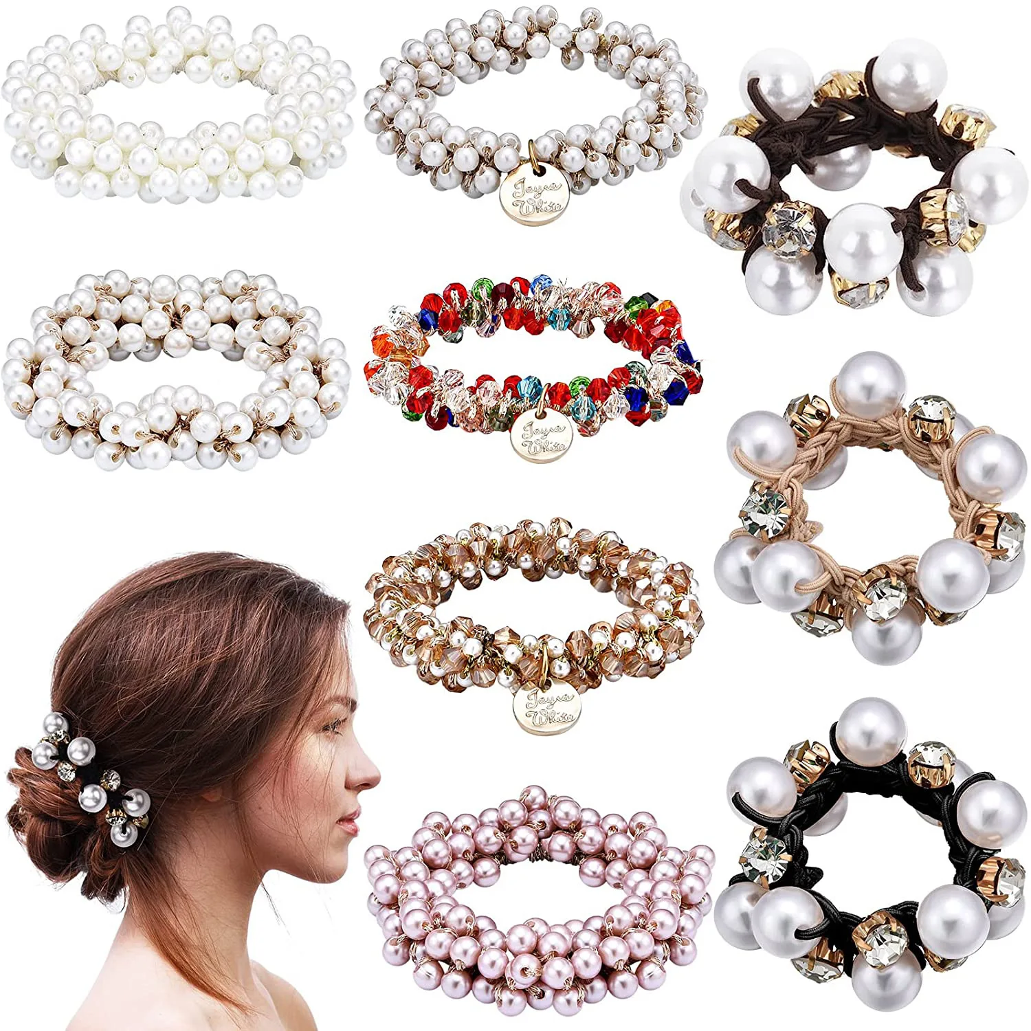 9pcs/Set Wholesale Bulk Simple Korean Pearl Hair Ties Crystal Boho Hair Accessories Elastic Hair Scrunchies