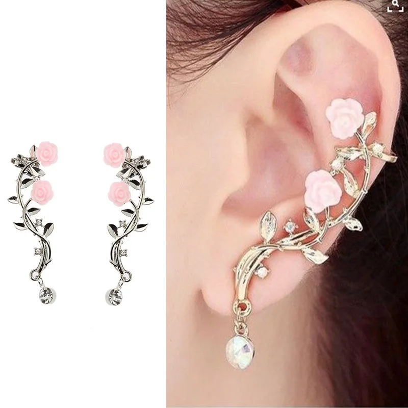 

New Elegant Flower Shape Rhinestone Left Ear Cuff Clip Gold & Sliver Color Boho Earrings, Picture