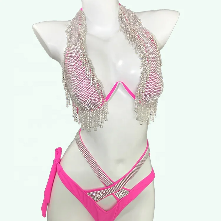 

NEW Bling Shining Swimwear Cut Out Thong Diamond Bikini for Women, As the picture