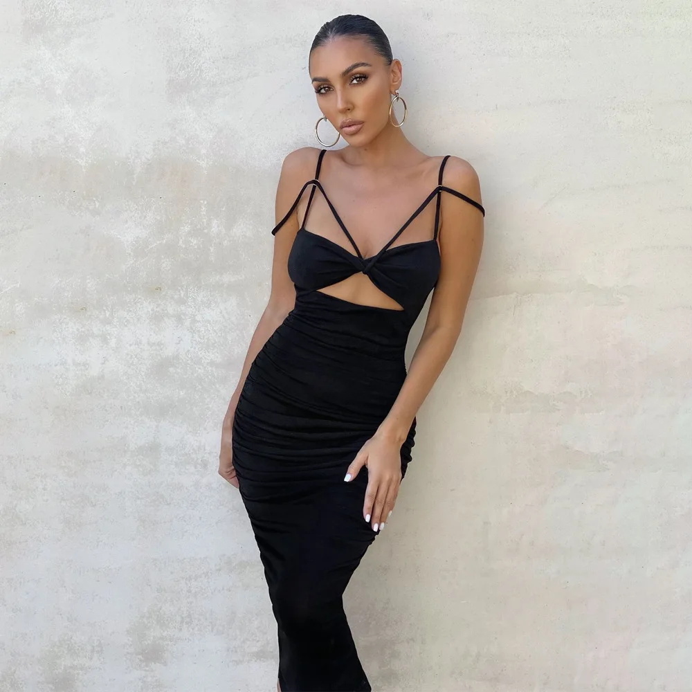 

2021 Summer Women's Elegant Dresses Women's Sexy Wrapped Chest Hollow Sling Long Skirt Slim Halter Pleated Dress, Black, pink