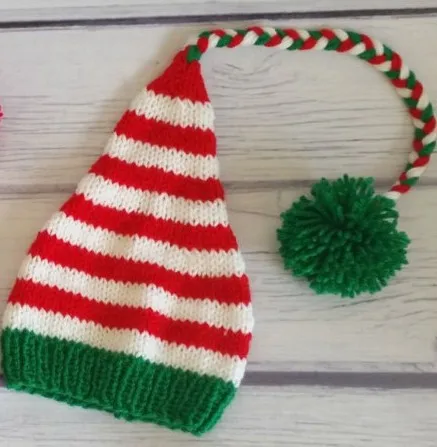 

Newborn Baby Knitted Mixed Color Red And White Christmas Hat With Long Tail Design For Photography