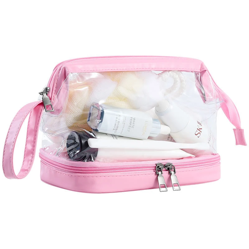 

High Quality Transparent PVC Cosmetic Bags Double- layer Travel Make up Organizer Wet - Dry Separation Package Toiletry Bags, Grey, pink, black