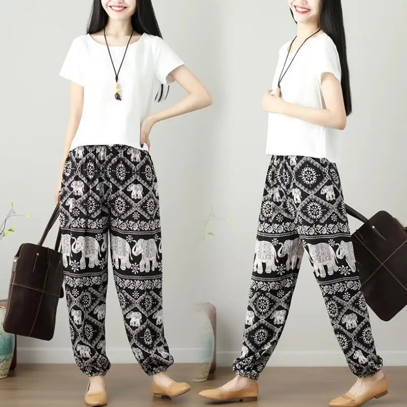 

Summer Cotton Elephant Bloomer Pants Thailand Woman trousers Pockets Loose women's pants with pattern