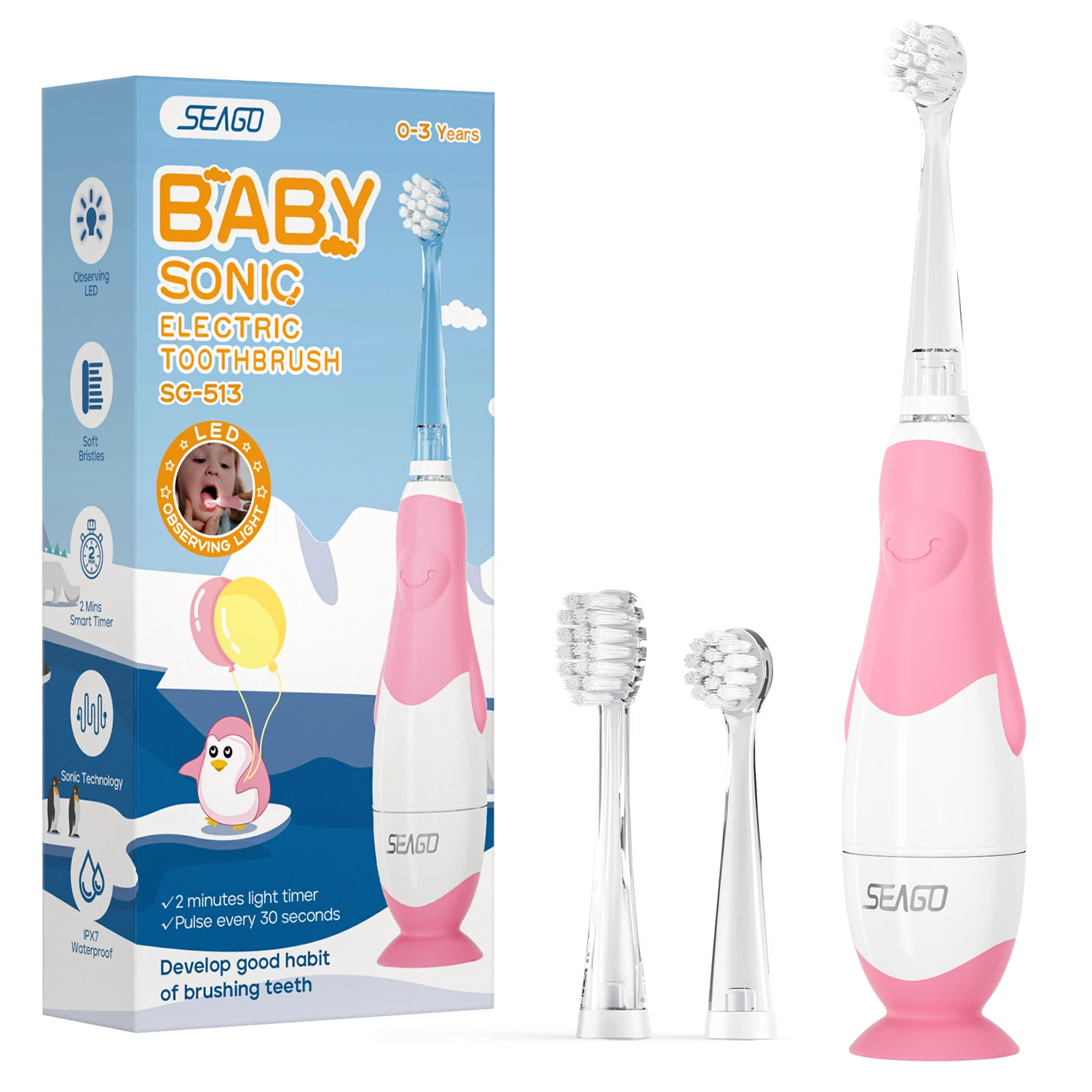 

SEAGO Wholesale SG513 Sonic Gentle Vibration Tooth Brush LED Light Battery Powered 4 Brush Heads Kids Baby Electric Toothbrush