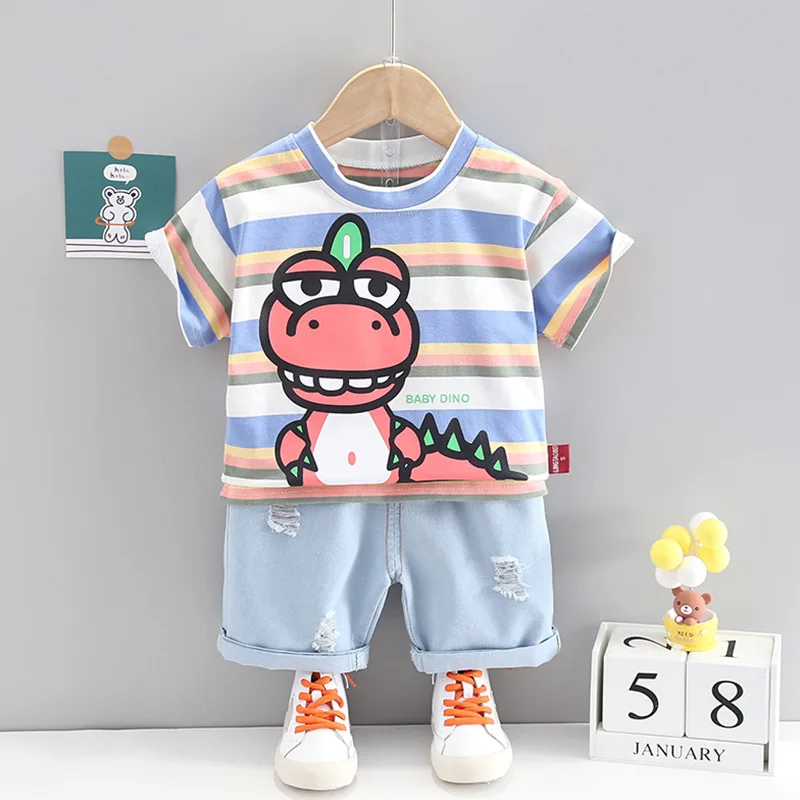 

New style fashion summer Boys cartoon dinosaur printing short sleeve T shirt and jeans shorts 2 pieces clothing set for kids, Picture shows