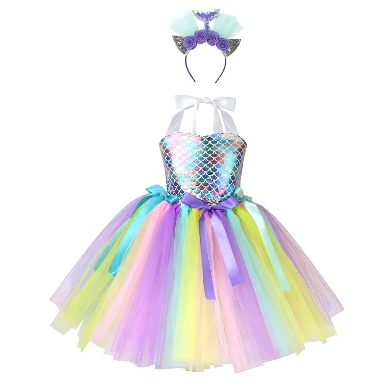 

Kids Girls Halter Neck Fish Scales Printed Mesh Tutu Dress with Hair Hoop Halloween Carnival Mermaid Cosplay Dress