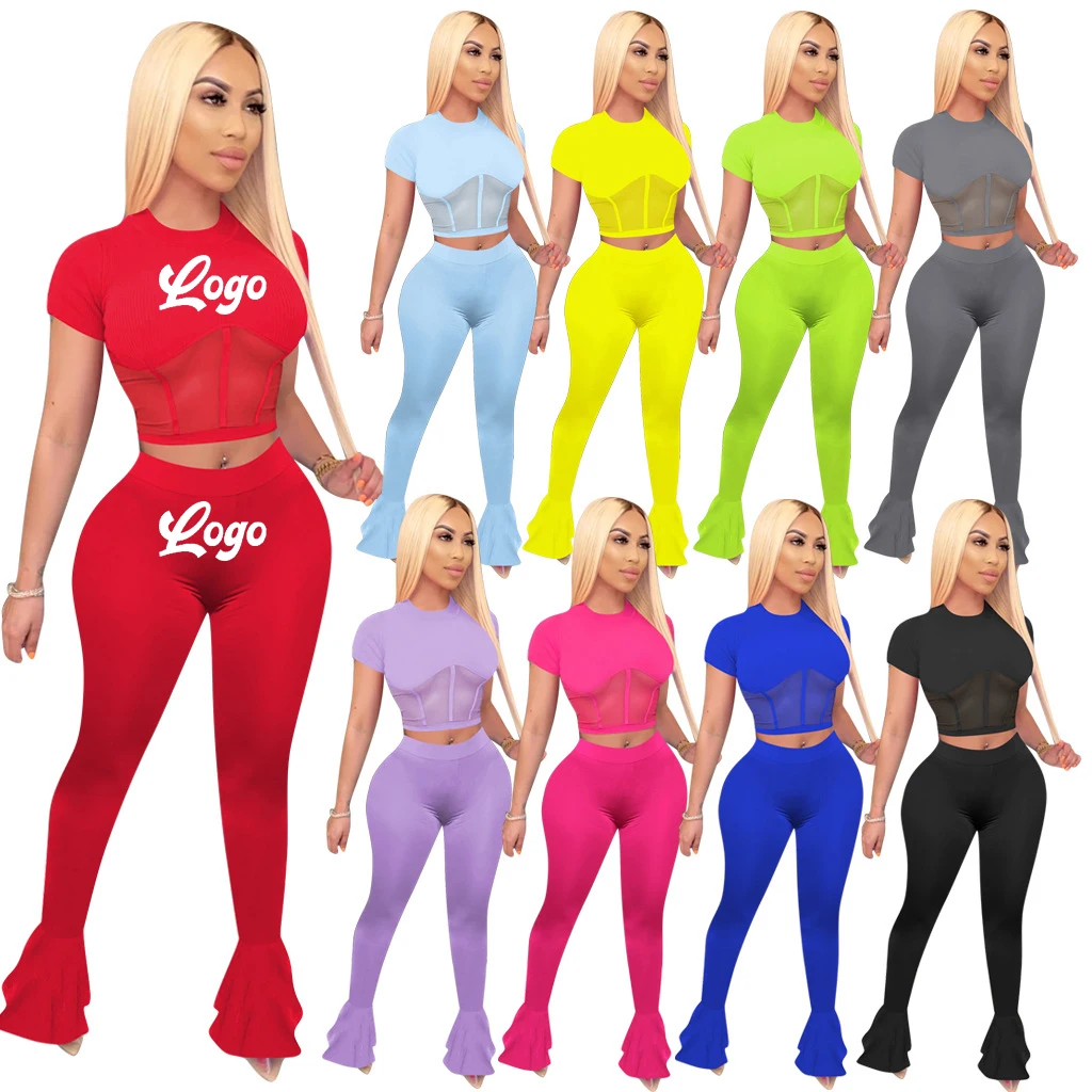 Mesh Patchwork Short Sleeve Top Flared Trousers Set