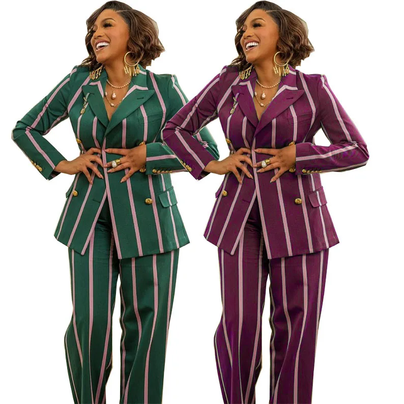 

2021 African European and American fashion printing striped professional lady suit high quality 2pcs office Clothes, As showed